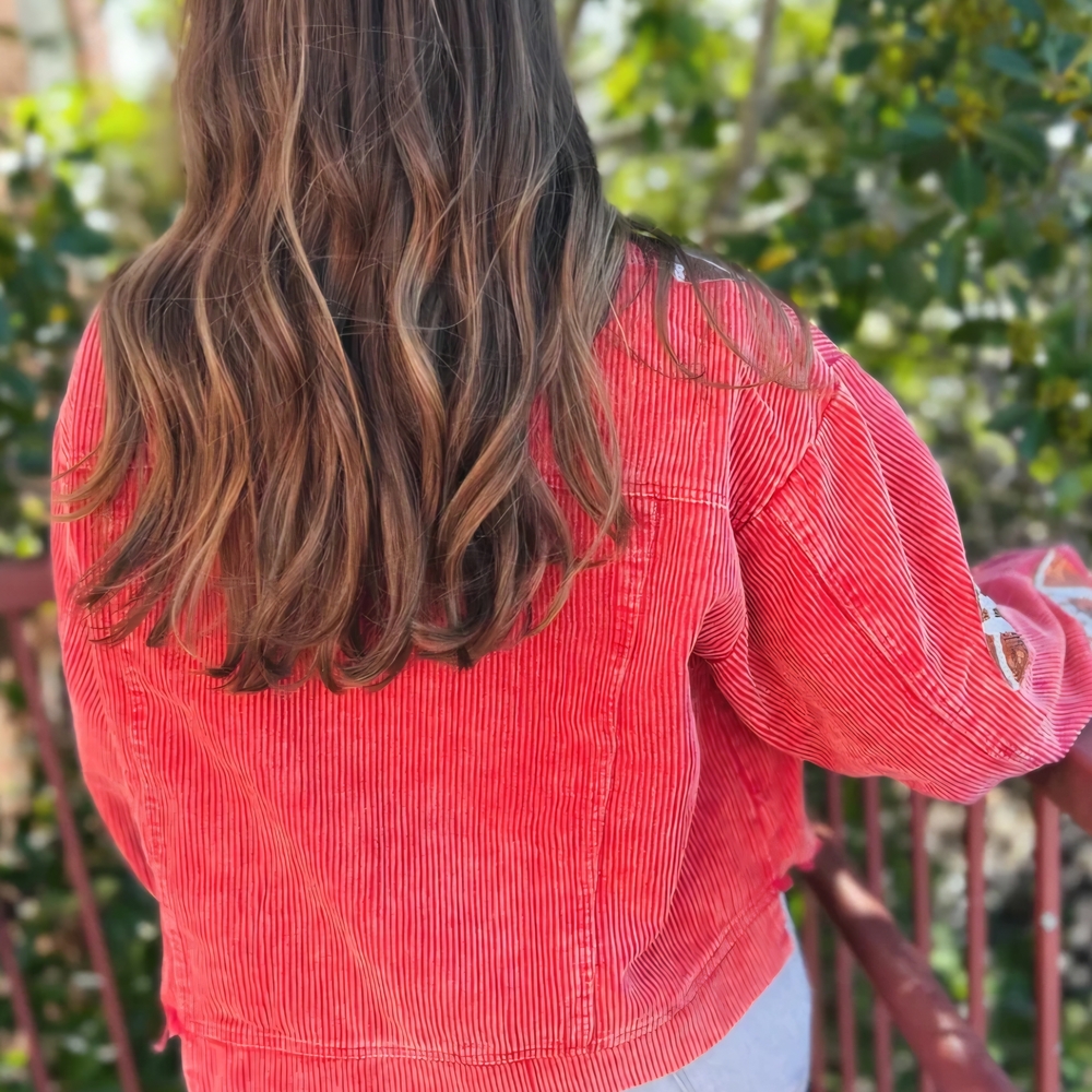 Red Sequin Football Patch Corduroy Jacket - Picture 2 of 2